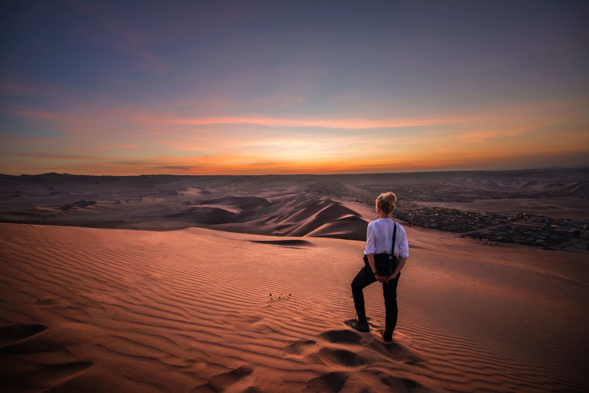 Coucher soleil, Désert Huacachina, Pérou